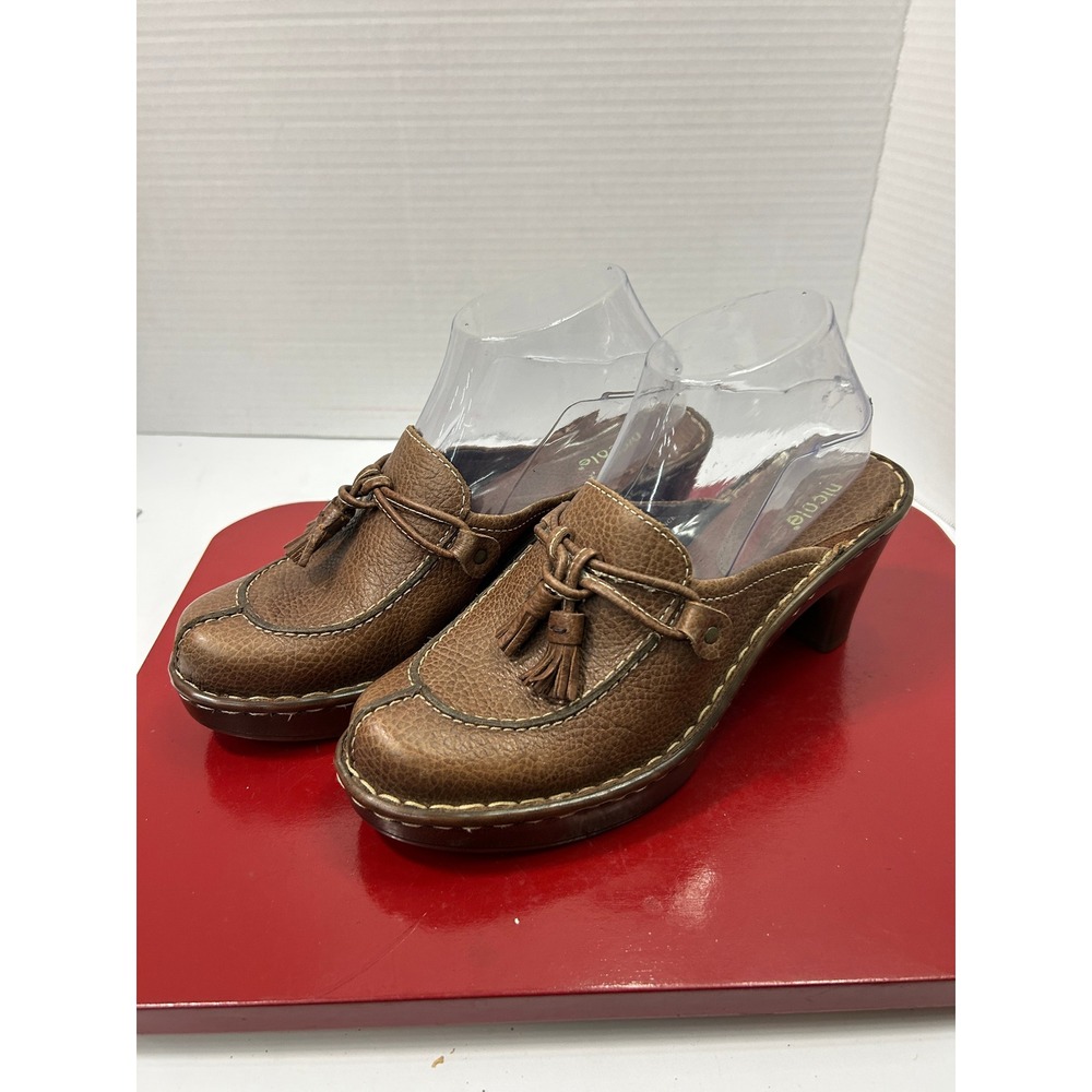 Nicole Anna Leather Mules 8M Brown Tassel Loafer Chunky Heel Boho Y2K Shoes